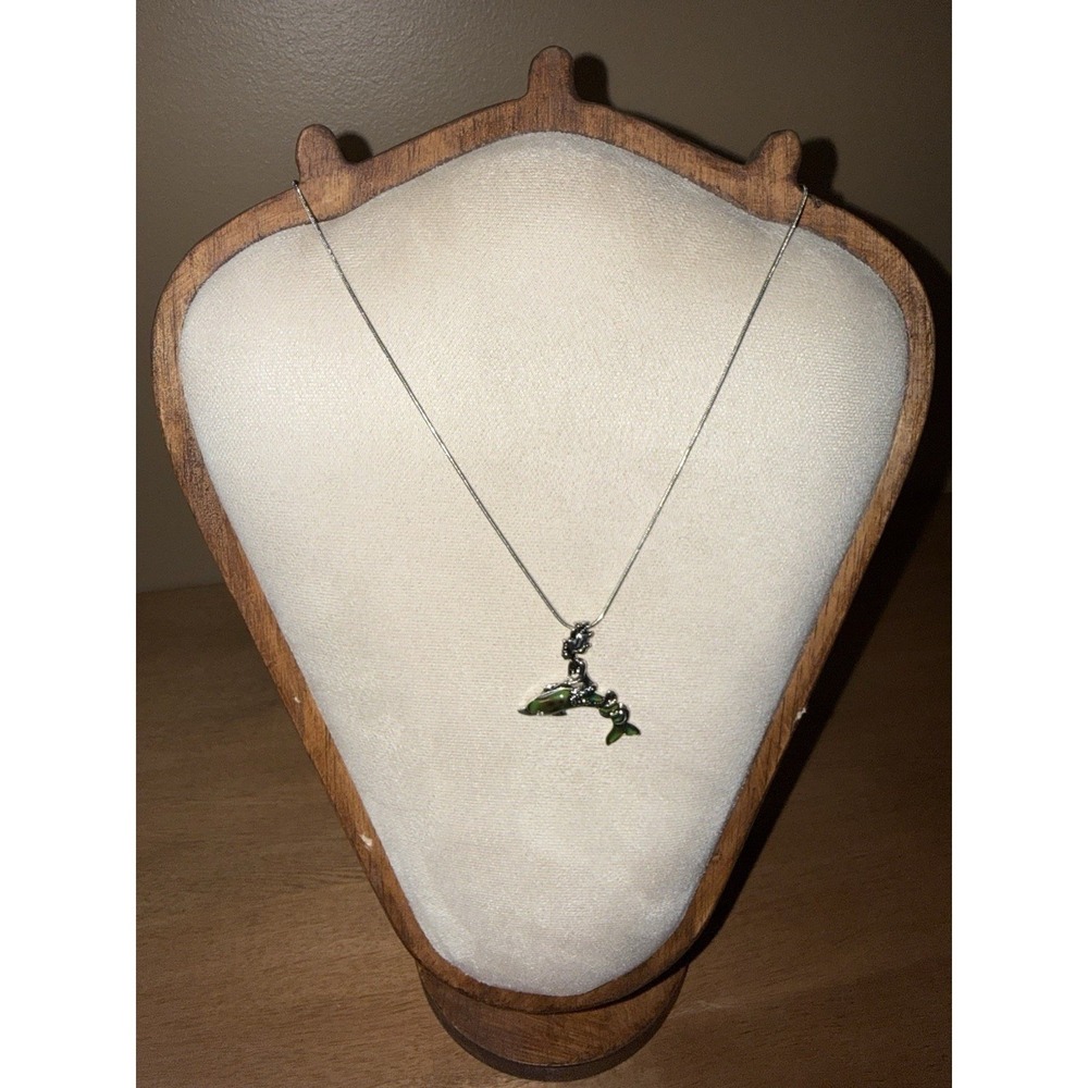 Vintage Silver Tone Mermaid Dolphin Pendant Necklace Green Enamel Nautical Ocean